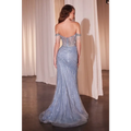 Fully embellished royale essence lux evening gown in shimmering light blue with sequins and beaded fringe on off-the-shoulder straps