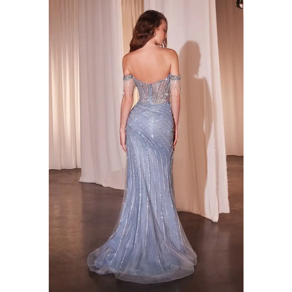 Fully embellished royale essence lux evening gown in shimmering light blue with sequins and beaded fringe on off-the-shoulder straps