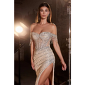 Fully embellished silver and beige off-the-shoulder evening gown with intricate beading sequins and fringe detailing
