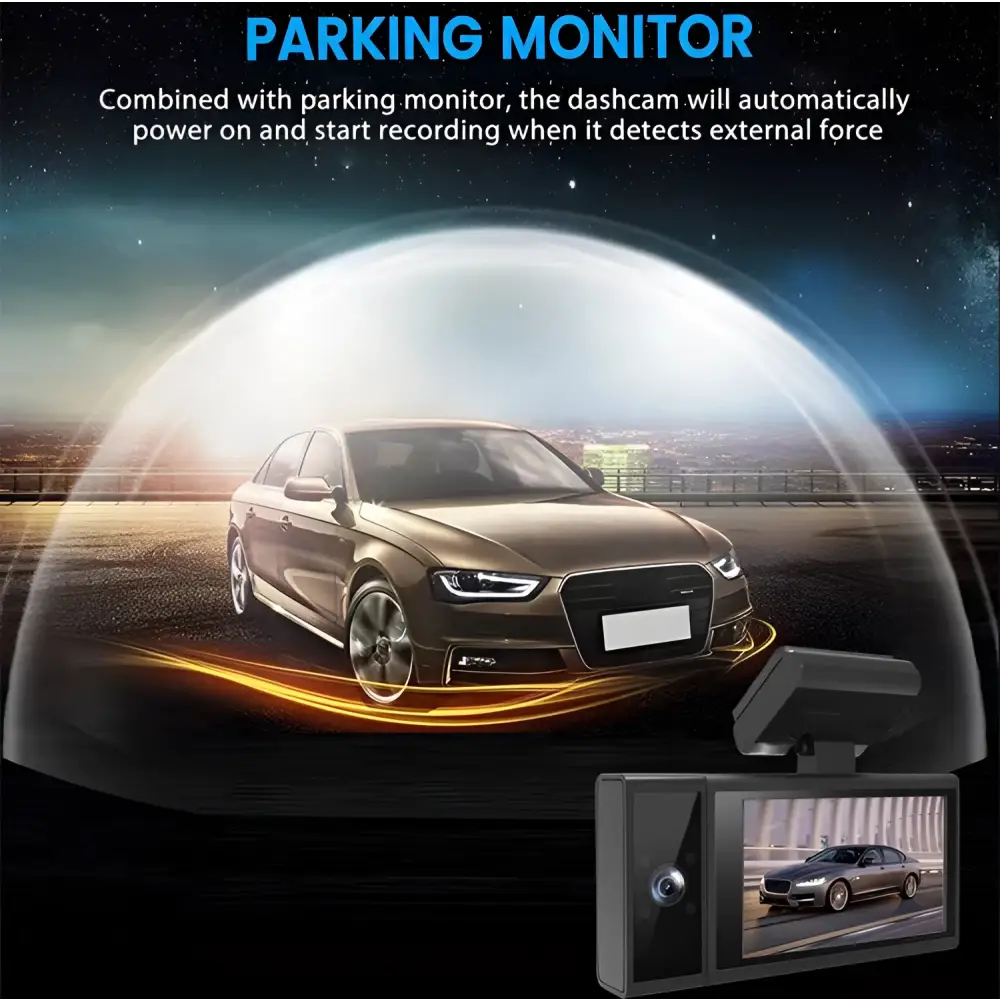 Black and silver future g6 three driving recorder with small screen displaying a car image for night vision recording