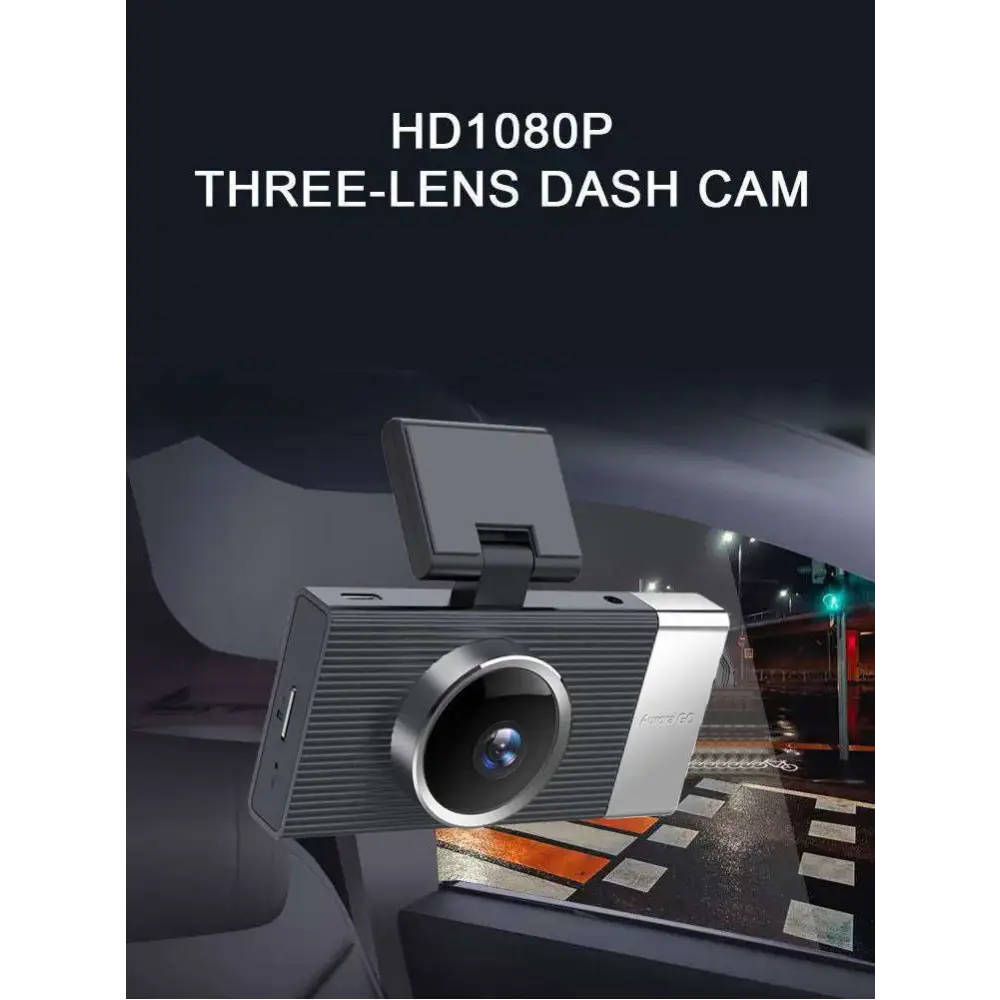 Silver and black future g6 three lens driving recorder with a sleek textured body and screen displaying night vision footage