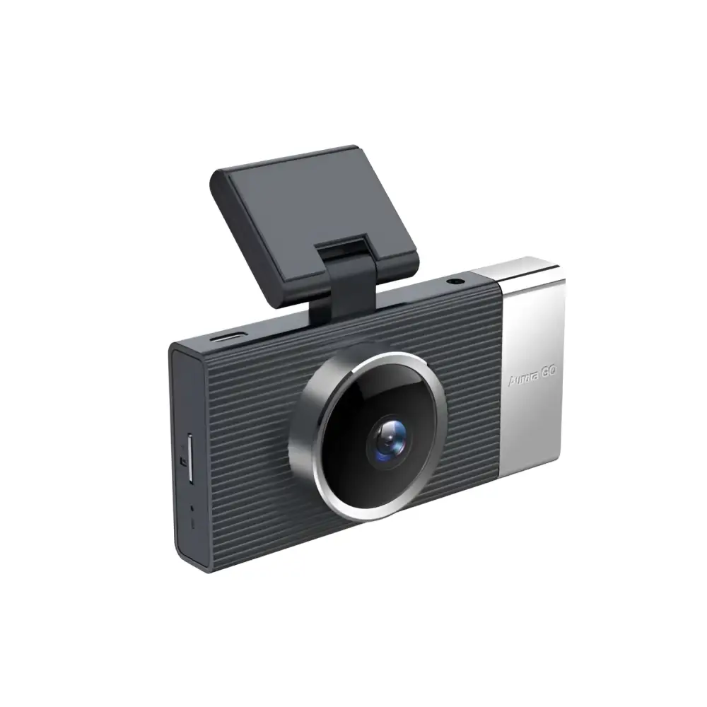 Black and silver future g6 three driving recorder with textured body, circular lens, and screen displaying flip-up display