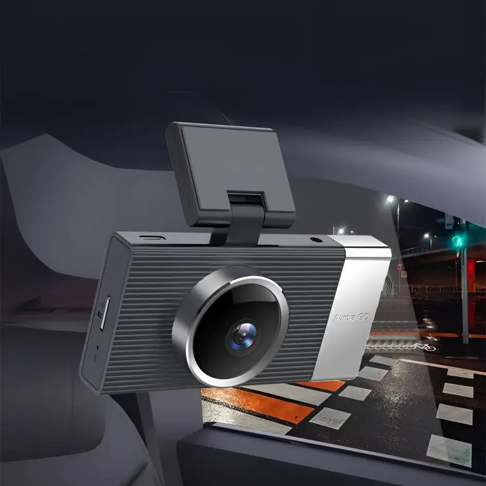 Silver and black future g6 three driving recorder with sleek ribbed design and circular lens for night vision recording