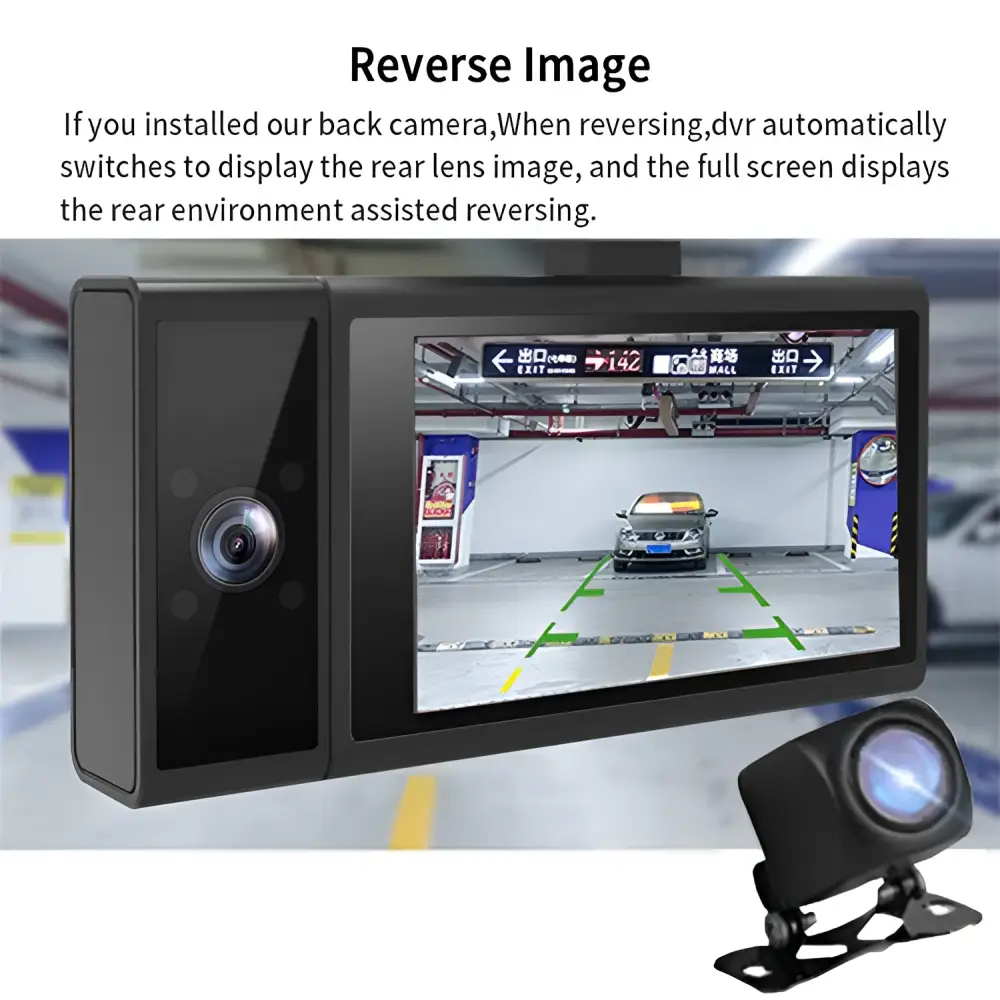 Black rectangular future g6 three driving recorder rear-view camera system with built-in screen displaying parking guidance and detachable backup camera