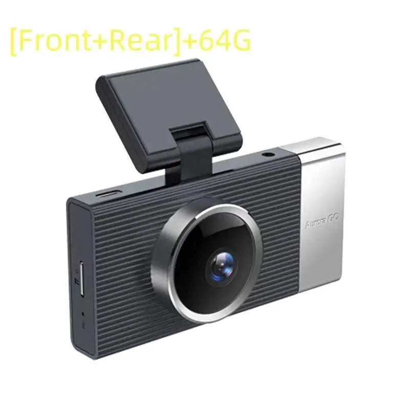 Future g6 three black and silver dual-camera driving recorder with textured body and adjustable mounting arm and screen displaying