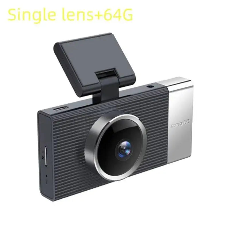 Black and silver auras 2c future g6 three driving recorder with textured body single lens and flip-up screen displaying