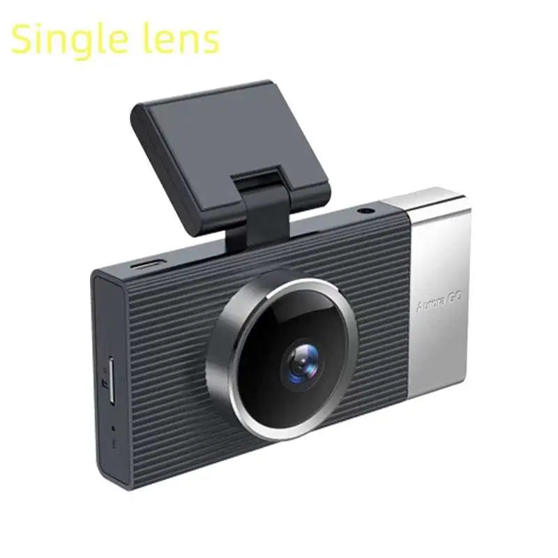 Black and silver future g6 three driving recorder with textured body, single lens, and flip-up screen displaying features
