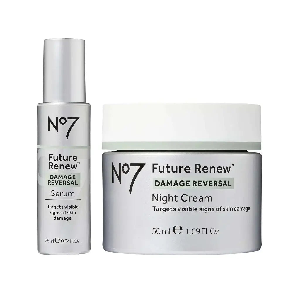No7 future renew night cream and serum set with silver bottle and jar featuring world-first peptide technology