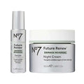 No7 future renew skincare set with damage reversal serum in silver bottle and 50ml night cream jar featuring world-first peptide technology
