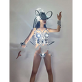 Futuristic shiny silver led luminous chest armor featuring cybernetic bodysuit with glowing circular lights and metallic detailing