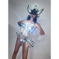 Futuristic shiny silver led luminous chest armor with black and white cybernetic bodysuit and glowing blue lights