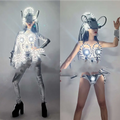 Futuristic shiny silver led luminous chest armor with glowing circular lights and metallic textures for cosplay use