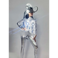 Futuristic shiny silver led luminous chest armor bodysuit with glowing blue lights and matching headpiece