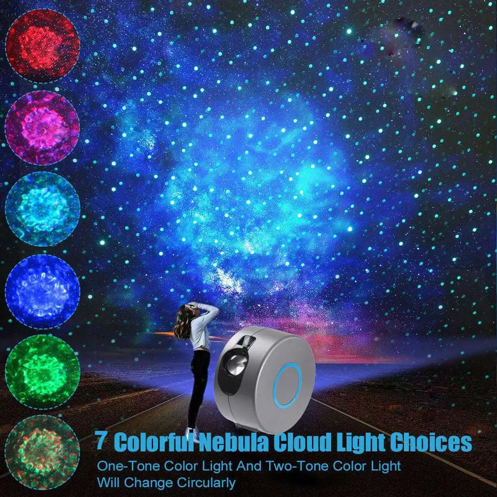 Silver cylindrical galaxy starry sky projector with blue accent ring designed for vibrant nebula and starfield room projections