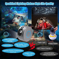 Silver cylindrical galaxy starry sky projector lamp with blue accent ring and black sensor button for rotating display