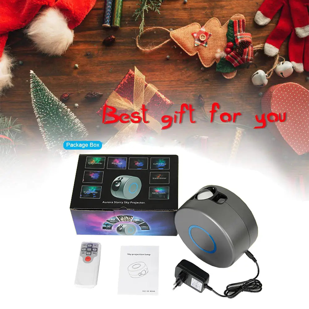 Silver cylindrical galaxy starry sky projector with blue accent designed for rotating starry sky projection