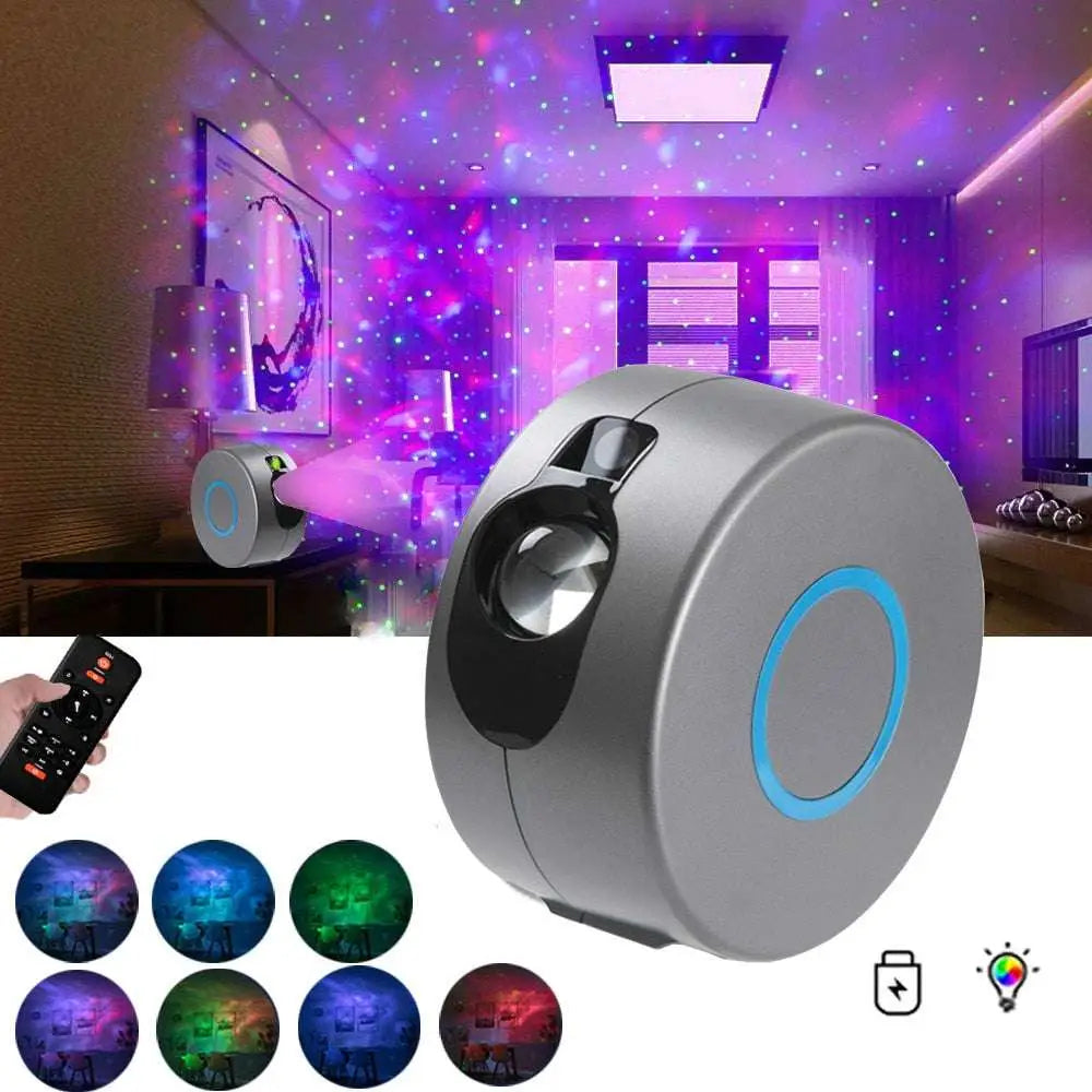 Silver cylindrical galaxy starry sky projector with black body and blue accent ring for colorful celestial light effects