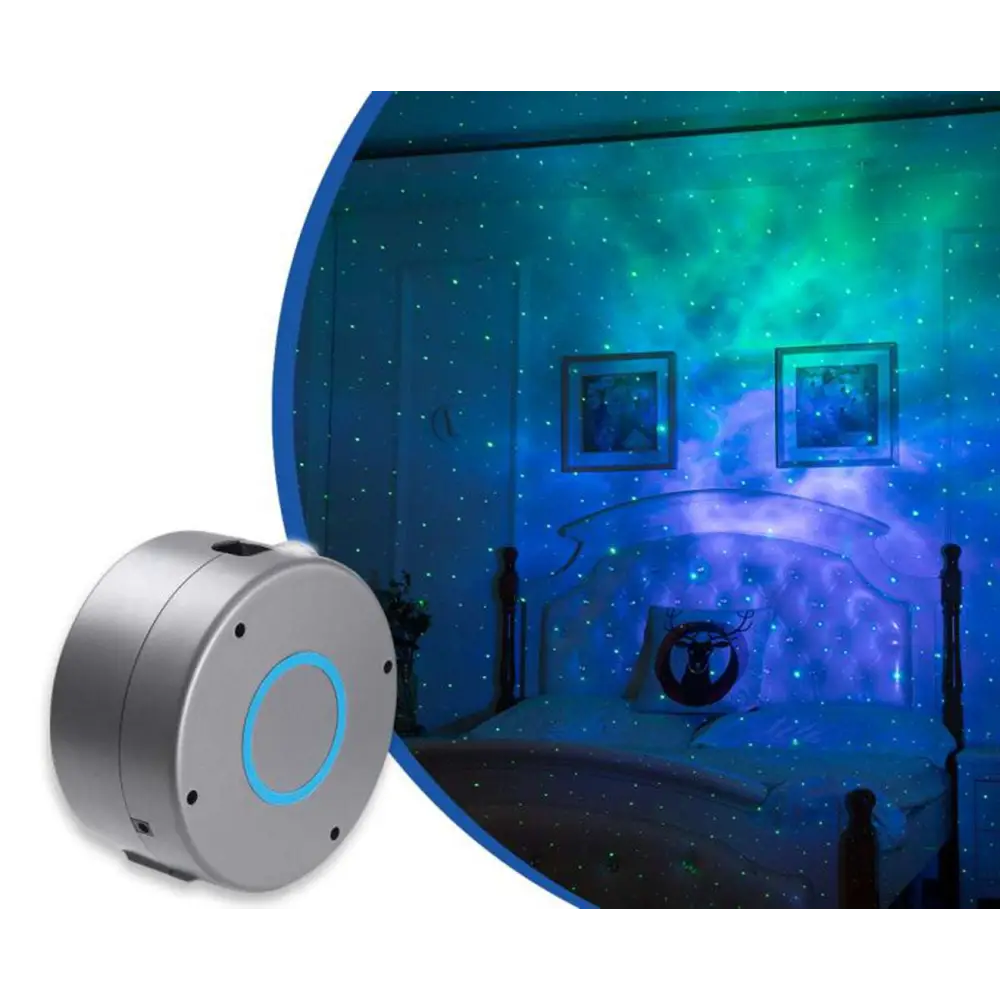 Silver cylindrical galaxy starry sky projector with rotating feature and blue illuminated ring on front face