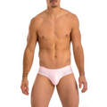 A sleek light pink gary majdell sport mens cheeky brief swimsuit with smooth fabric and subtle side seams