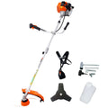Orange and black gas powered plastic pruning tools with adjustable handle and ergonomic grip for brush cutter use