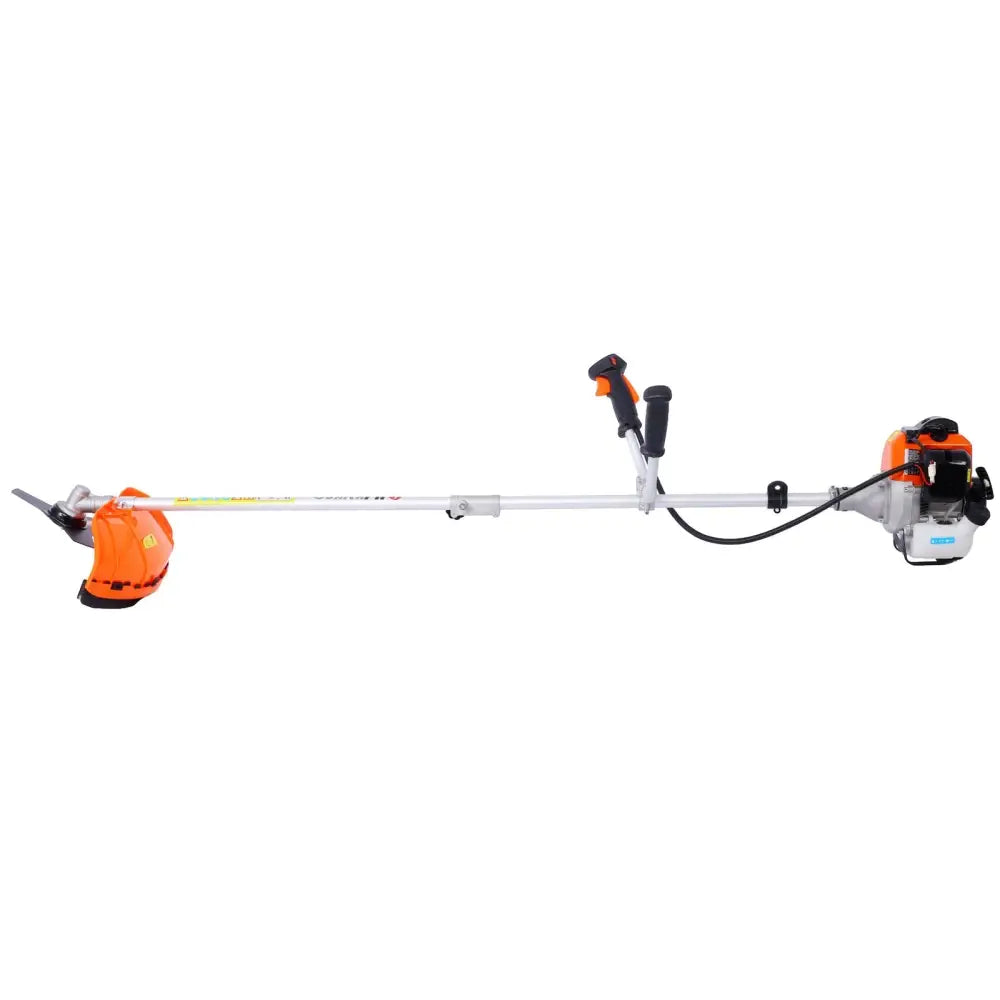 Orange and black gasoline brush cutter with plastic pruning tools and adjustable handle featuring ergonomic grips