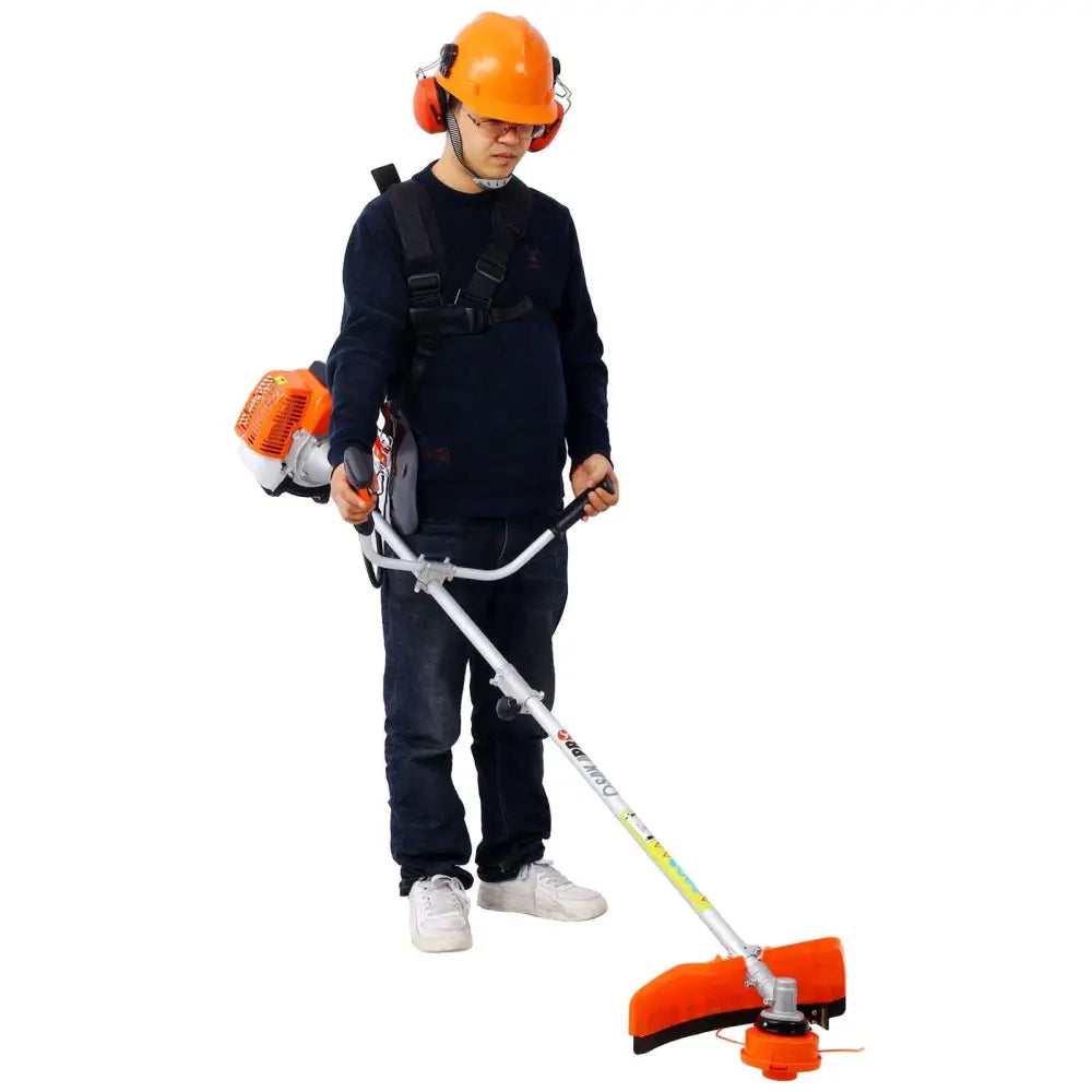 Orange and black gas powered plastic pruning tool with adjustable handle and silver handlebar for brush cutter use