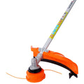 Orange and gray gas powered plastic pruning tool with adjustable handle and visible cutting line for brush cutter use