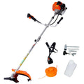 Orange and black gas powered brush cutter with silver shaft featuring an adjustable handle for plastic pruning tools