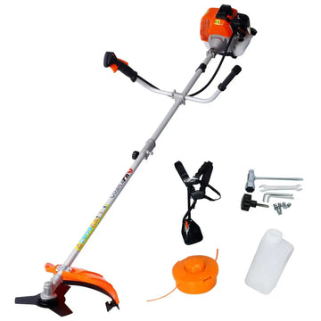 Orange and black gas powered brush cutter with silver shaft featuring an adjustable handle for plastic pruning tools