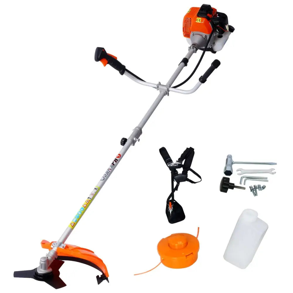 Orange and black gas powered brush cutter with silver shaft and adjustable handle for plastic pruning tools use
