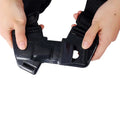 Black plastic adjustable strap buckle with integrated velcro fastening for gas powered plastic pruning tools with adjustable handle