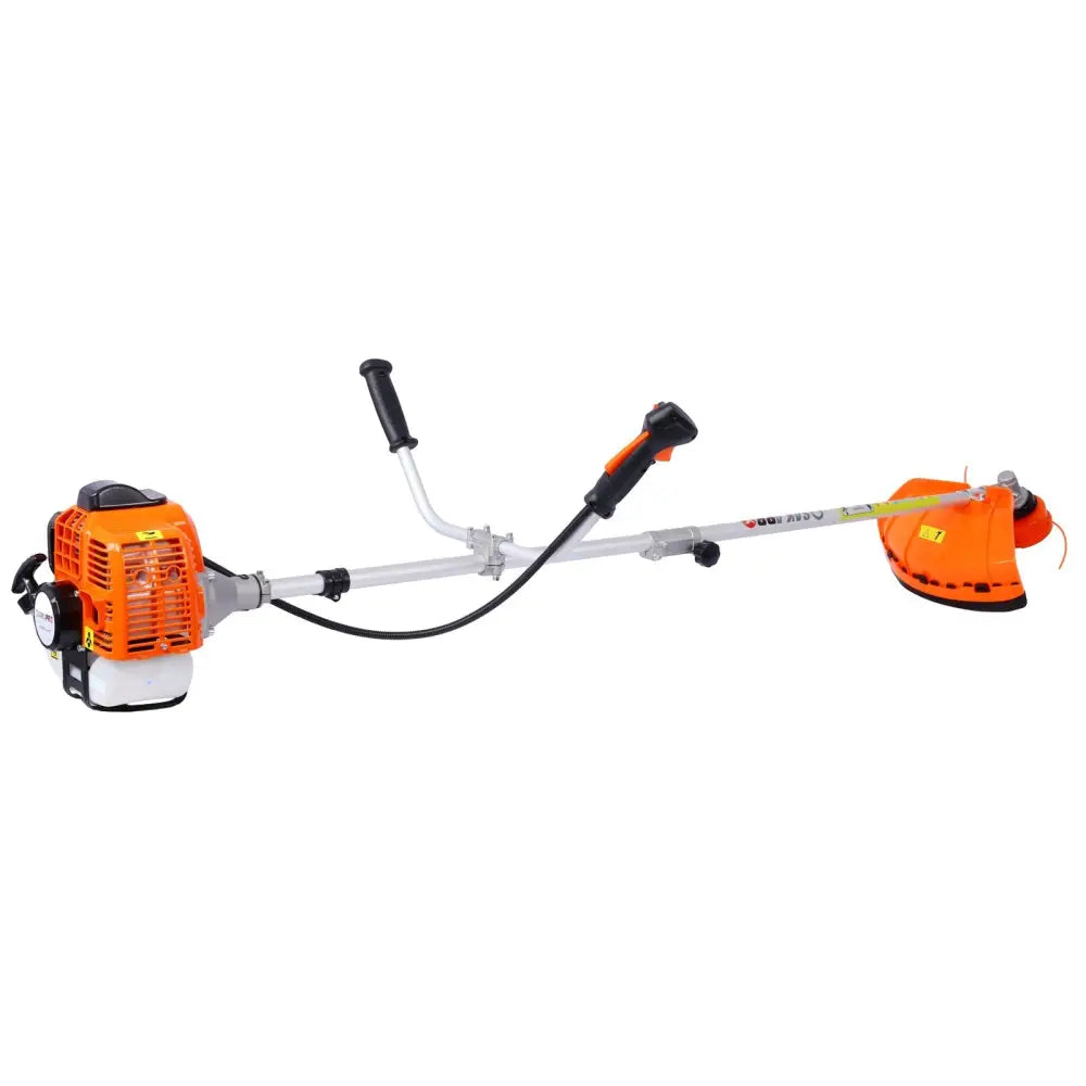 Orange and black gasoline-powered brush cutter with silver metal shaft and adjustable handle for plastic pruning tools