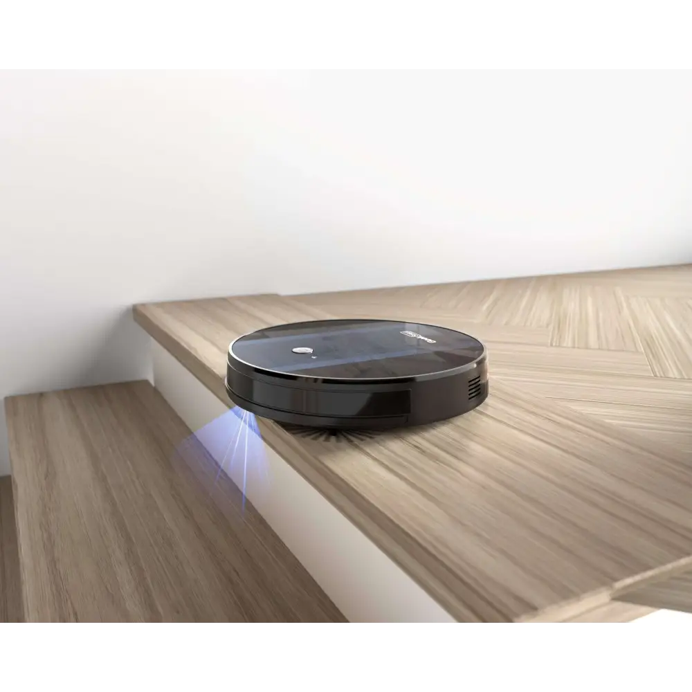 Black circular robot vacuum cleaner with glossy finish and subtle branding featuring strong suction by Geek Smart Robot