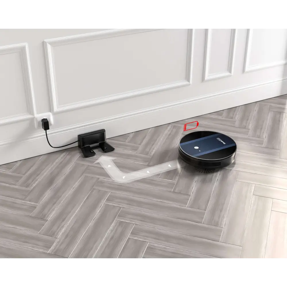Black circular geek smart robot vacuum with strong suction and sleek modern design for efficient cleaning
