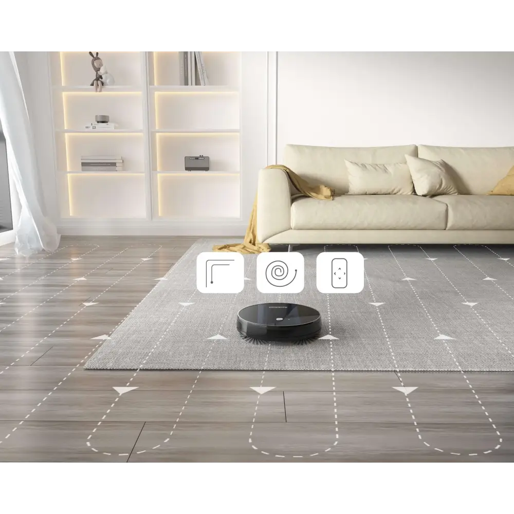 Black circular geek smart robot vacuum with sleek design and strong suction for efficient home cleaning
