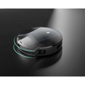 Black circular geek smart robot vacuum with strong suction and transparent dustbin cover with green light accents