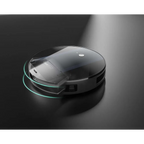 Black circular geek smart robot vacuum with strong suction and transparent dustbin cover with green light accents