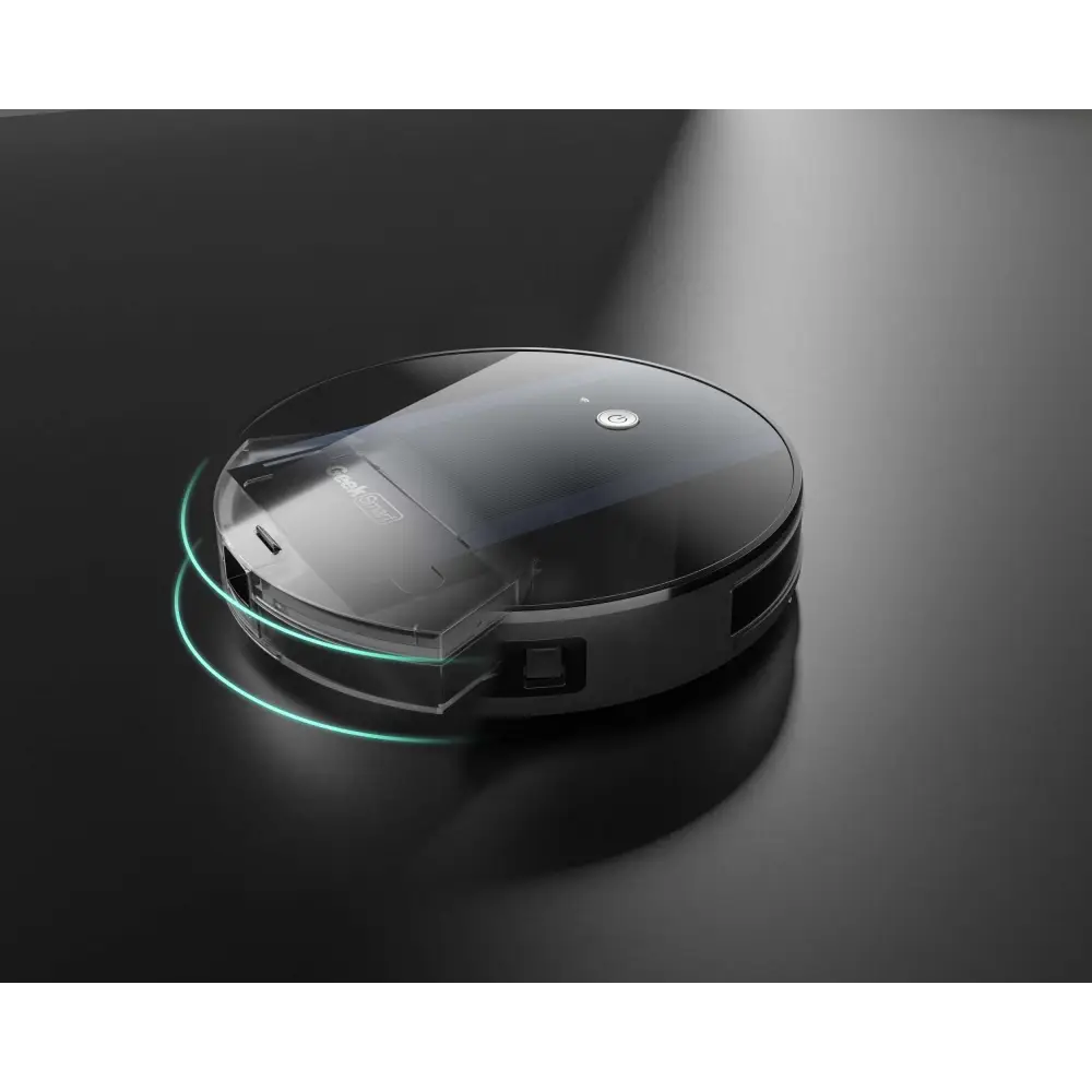 Black circular geek smart robot vacuum with strong suction and transparent dustbin cover with green light accents