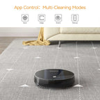 Black circular robot vacuum cleaner geek smart robot with strong suction and visible brush bristles around its base