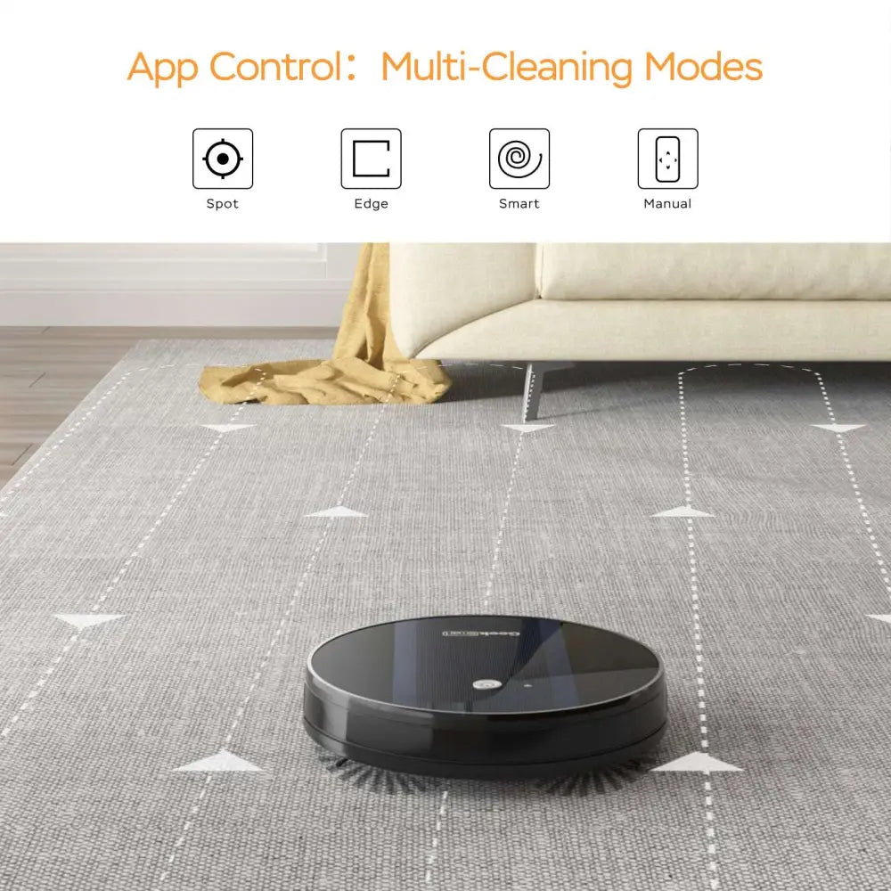 Black circular robot vacuum cleaner geek smart robot with strong suction and visible brush bristles around its base