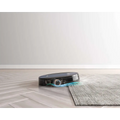 Black circular robot vacuum with strong suction and sleek design featuring blue light accents by geek smart robot