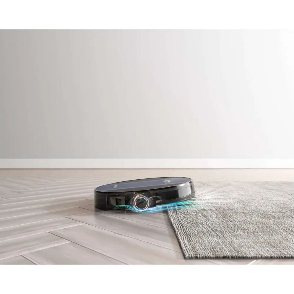 Black circular robot vacuum with strong suction and sleek design featuring blue light accents by geek smart robot