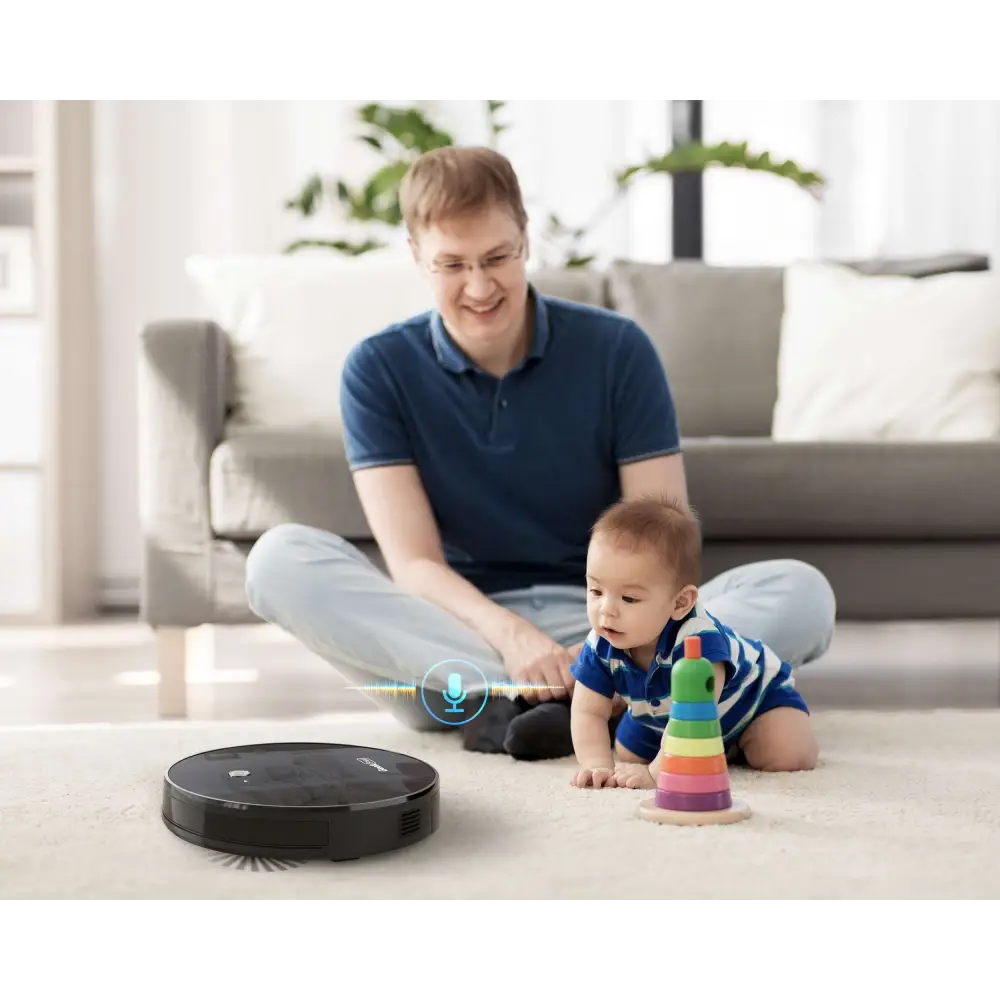 Black circular robot vacuum cleaner geek smart robot with strong suction and sleek modern design and subtle branding