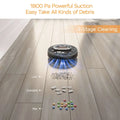 Black circular robot vacuum cleaner with blue glowing strong suction feature from geek smart robot series