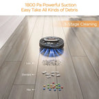 Black circular robot vacuum cleaner with blue glowing strong suction feature from geek smart robot series