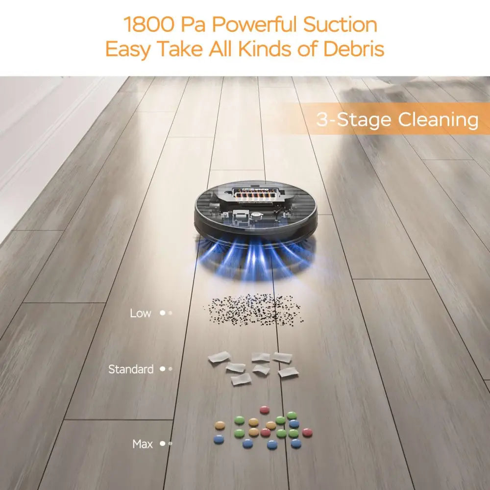 Black circular robot vacuum cleaner with blue glowing strong suction feature from geek smart robot series