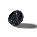 Black circular geek smart robot vacuum with strong suction glossy finish and blue accent stripes featuring logo