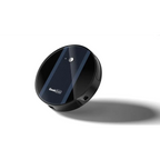 Black circular geek smart robot vacuum with strong suction glossy finish and blue accent stripes featuring logo