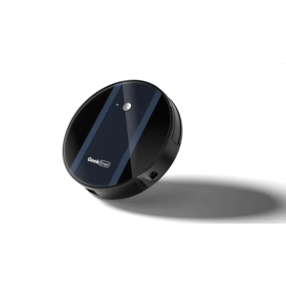 Black circular geek smart robot vacuum with strong suction glossy finish and blue accent stripes featuring logo