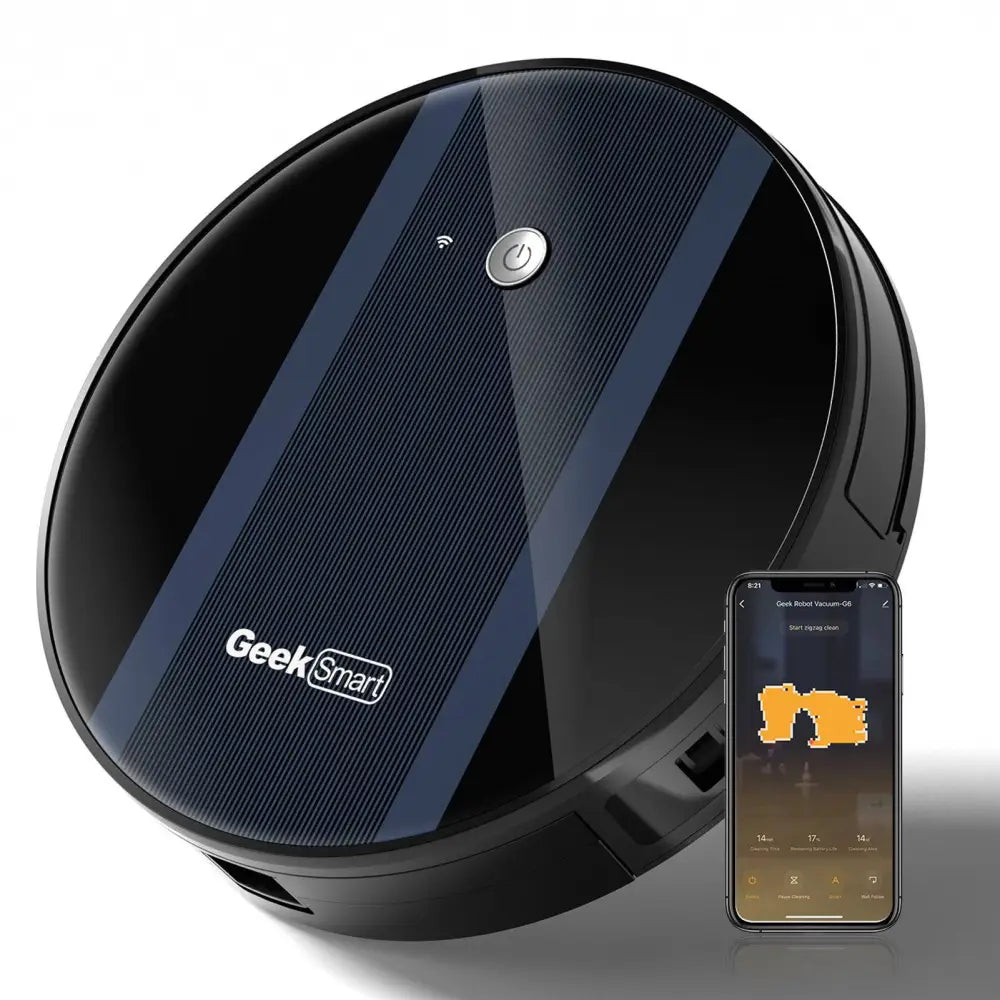 Black and navy blue geek smart robot vacuum with strong suction and sleek circular design featuring subtle texturing